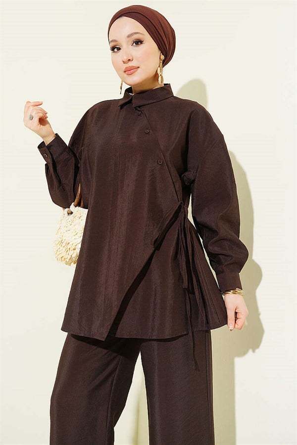 Cross Buttoned Lace-up Parachute 2 Piece Set, Coffee