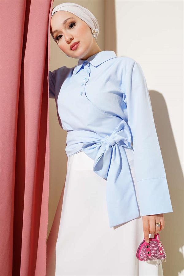 Cross Buttoned Short Shirt Blue