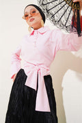 Short Shirt with Cross Button-Up Detail in Pink