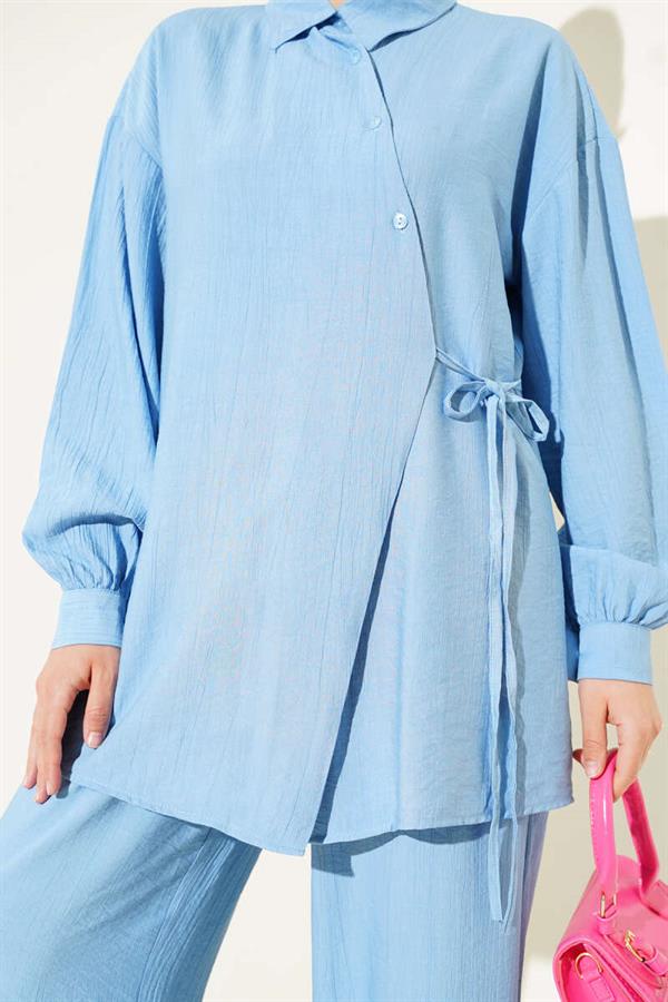 Cross Buttoned Tunic 2 Piece Set Baby Blue