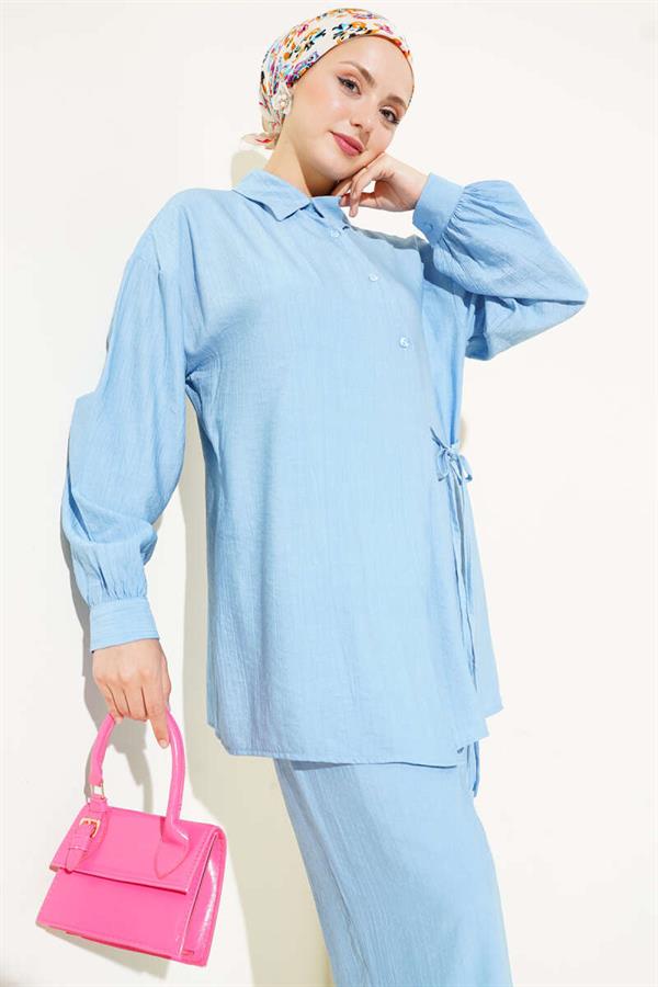 Cross Buttoned Tunic 2 Piece Set Baby Blue