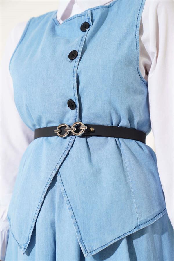 Cross Button Belted Skirted 2 Piece Set Denim Suit Ice Blue