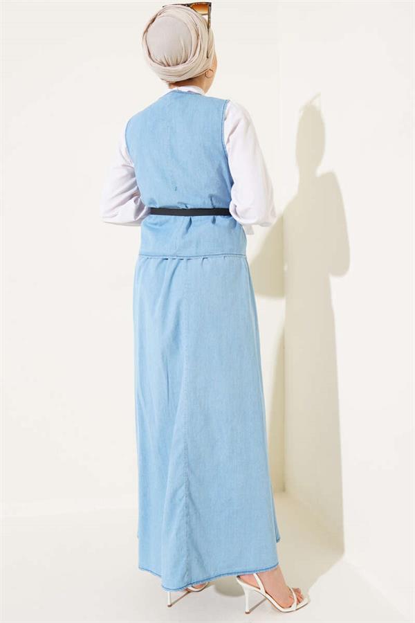 Cross Button Belted Skirted 2 Piece Set Denim Suit Ice Blue