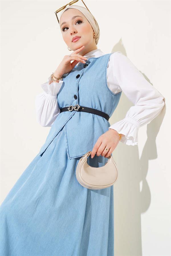 Cross Button Belted Skirted 2 Piece Set Denim Suit Ice Blue