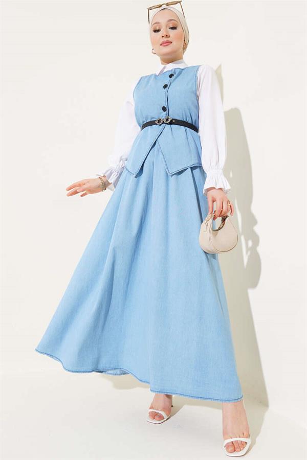Cross Button Belted Skirted 2 Piece Set Denim Suit Ice Blue