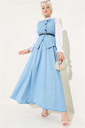 Cross Button Belted Skirted 2 Piece Set Denim Suit Ice Blue