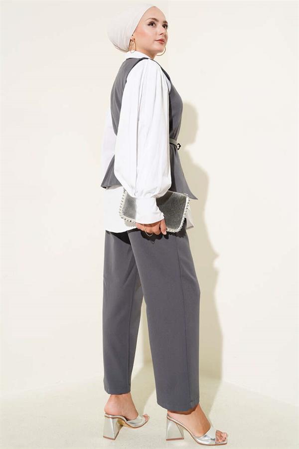 2 Piece Set with Cross-Buttoned Belt and Vest Anthracite
