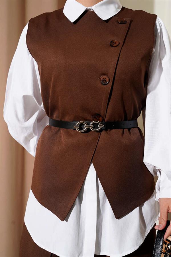Cross-Buttoned Belted Vest 2 Piece Set Brown