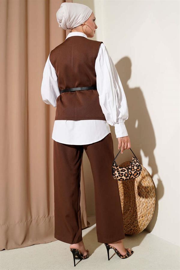 Cross-Buttoned Belted Vest 2 Piece Set Brown