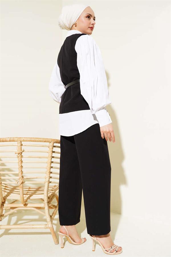Cross Buttoned Belted Vest 2 Piece Set Black