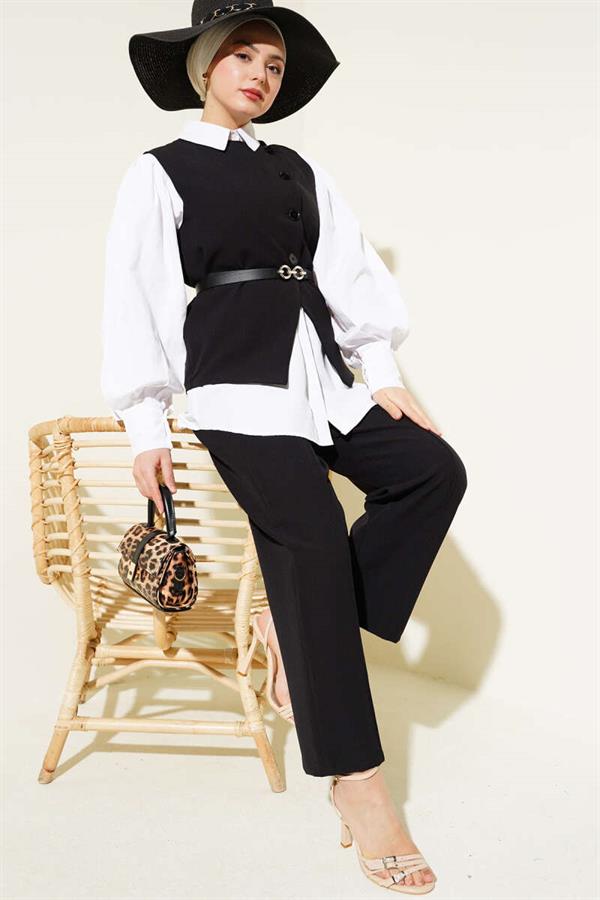 Cross Buttoned Belted Vest 2 Piece Set Black