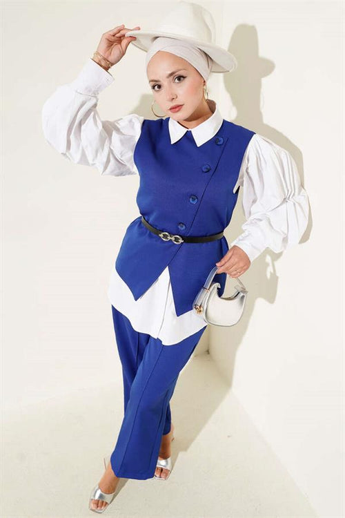 2 Piece Set with Cross Buttoned Belt and Vest in Saxe