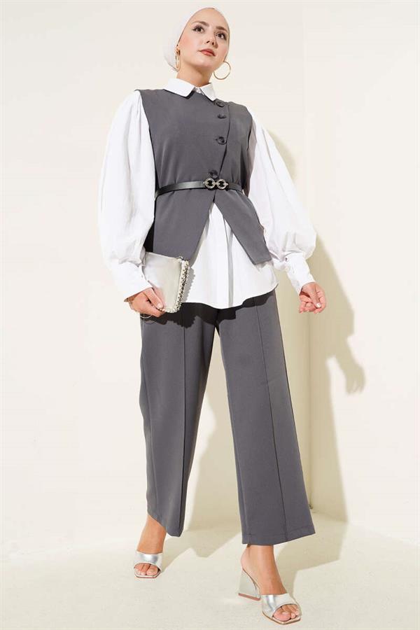 2 Piece Set with Cross-Buttoned Belt and Vest Anthracite