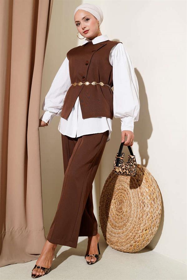 Cross-Buttoned Belted Vest 2 Piece Set Brown