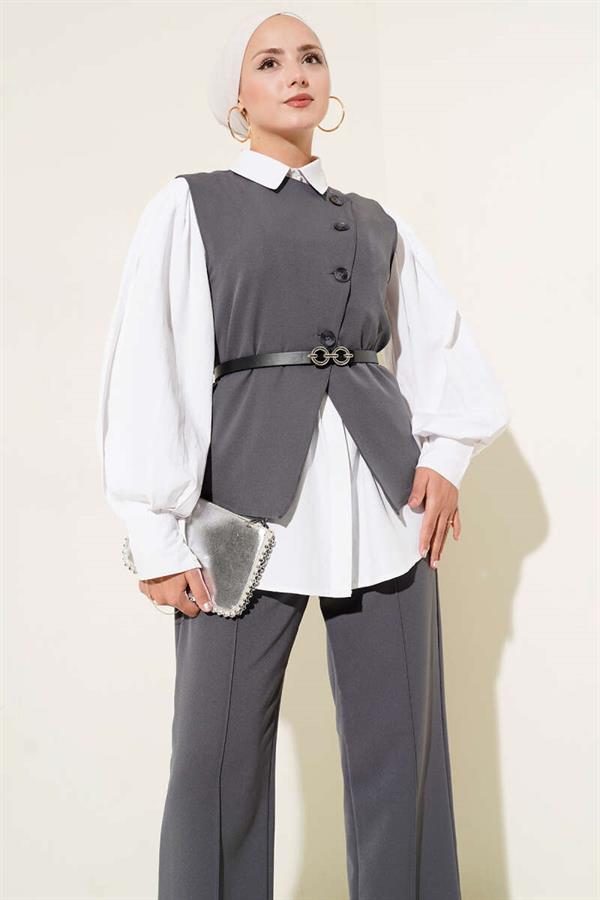 2 Piece Set with Cross-Buttoned Belt and Vest Anthracite
