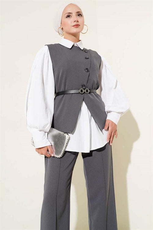 2 Piece Set with Cross-Buttoned Belt and Vest Anthracite