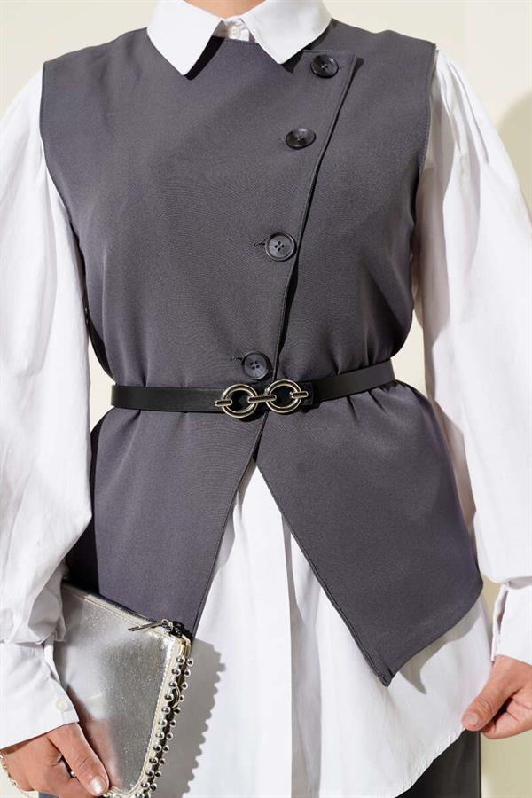 2 Piece Set with Cross-Buttoned Belt and Vest Anthracite