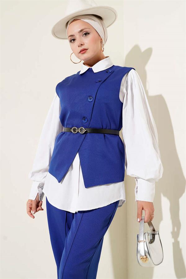 2 Piece Set with Cross Buttoned Belt and Vest in Saxe