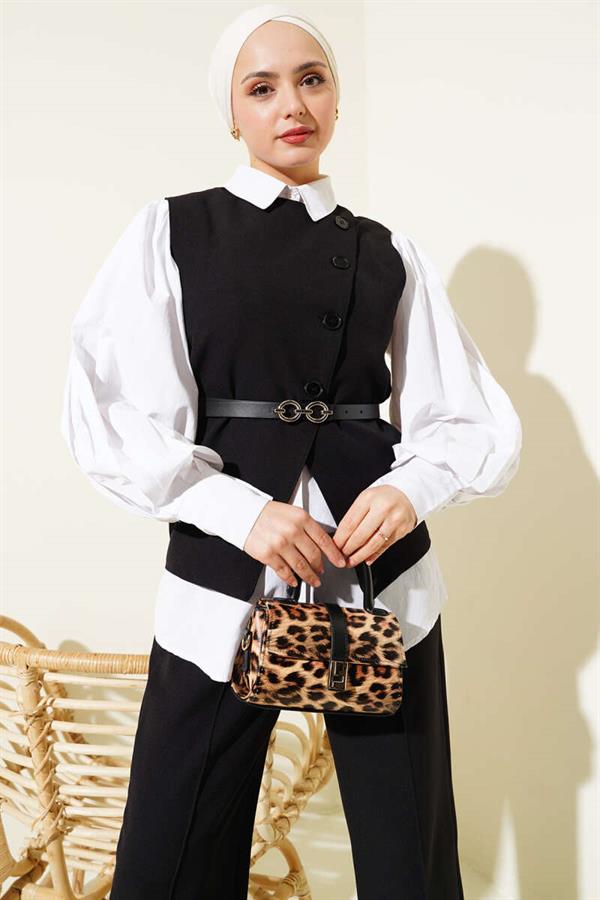 Cross Buttoned Belted Vest 2 Piece Set Black