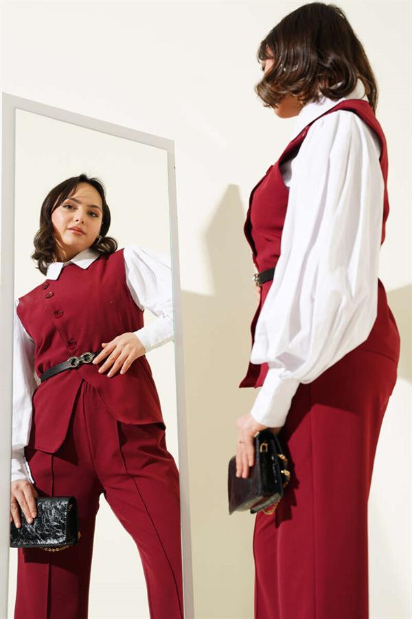 2 Piece Set with Cross Buttons and Belt and Vest Claret Red
