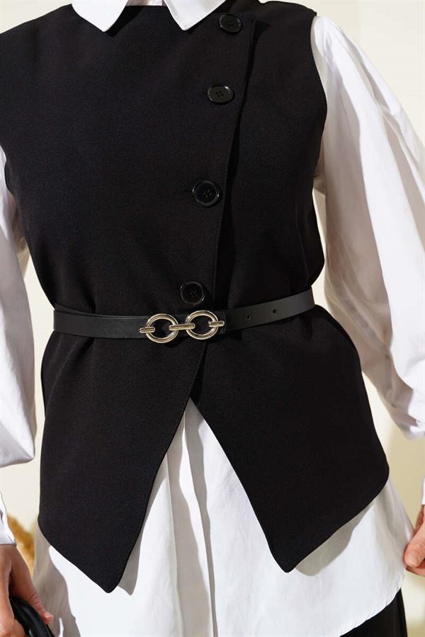 Cross Buttoned Belted Vest 2 Piece Set Black