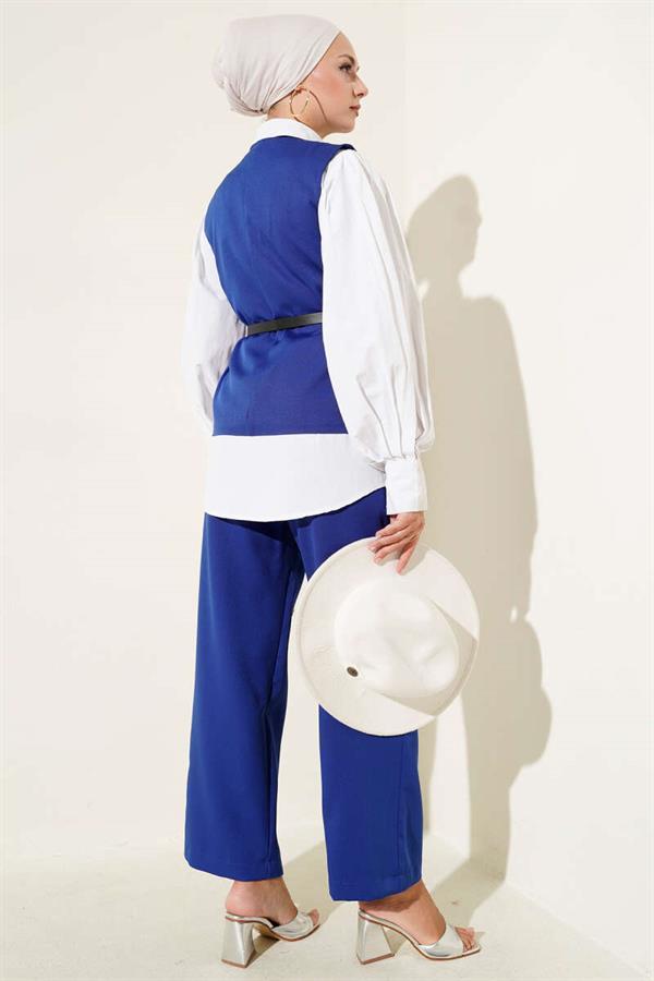 2 Piece Set with Cross Buttoned Belt and Vest in Saxe