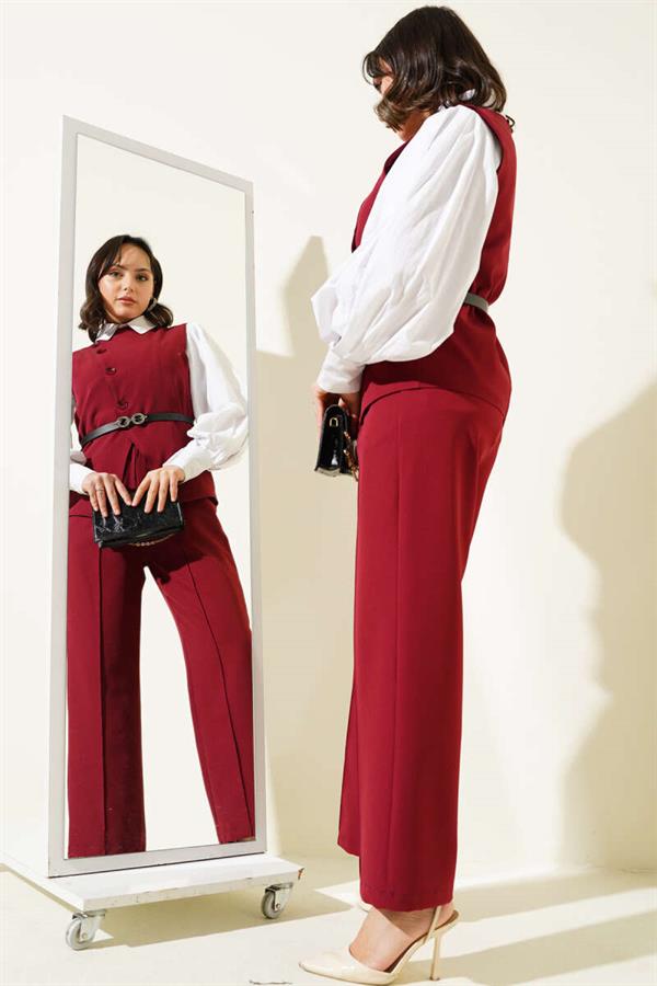 2 Piece Set with Cross Buttons and Belt and Vest Claret Red