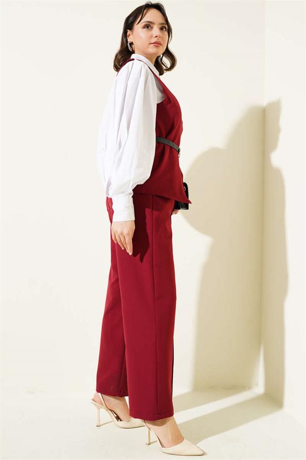 2 Piece Set with Cross Buttons and Belt and Vest Claret Red