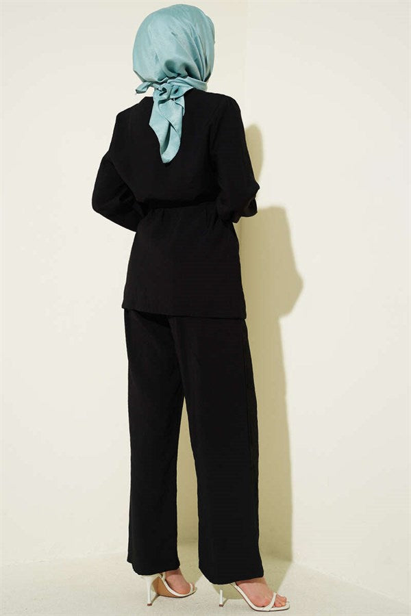 Cross-Buttoned Belted Modal 2 Piece Set, Black