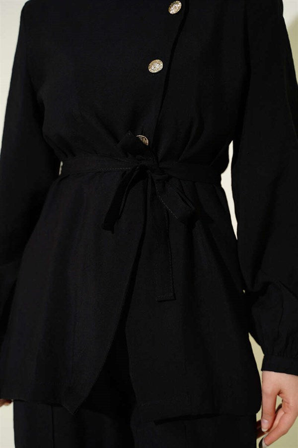 Cross-Buttoned Belted Modal 2 Piece Set, Black