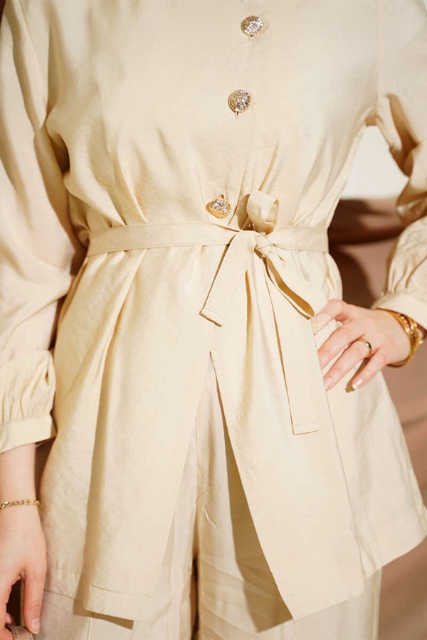 Cross-Buttoned Belted Modal 2 Piece Set, Beige