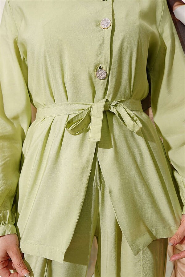 Cross-Buttoned Belted Modal 2 Piece Set in Light Green