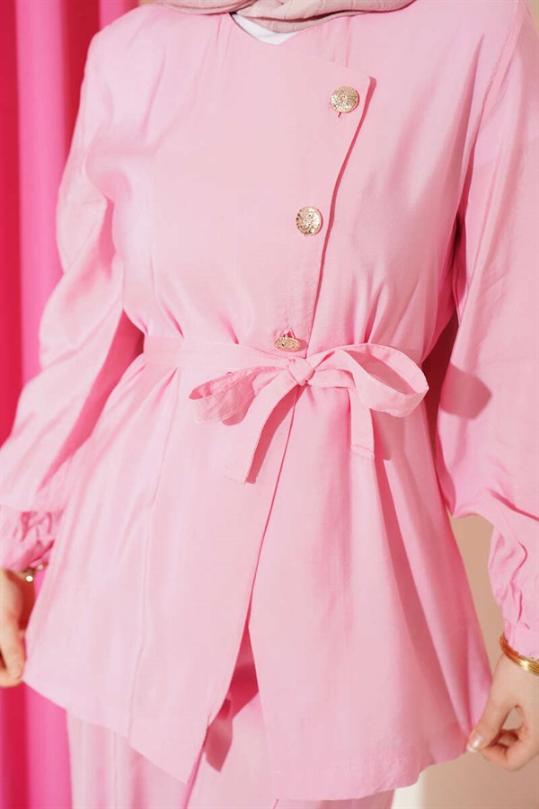 Cross-Buttoned Belted Modal 2 Piece Set, Pink