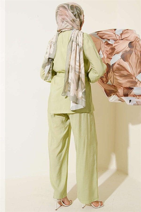 Cross-Buttoned Belted Modal 2 Piece Set in Light Green