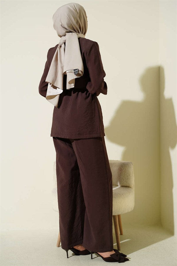 Cross-Buttoned Belted Modal 2 Piece Set in Coffee Brown