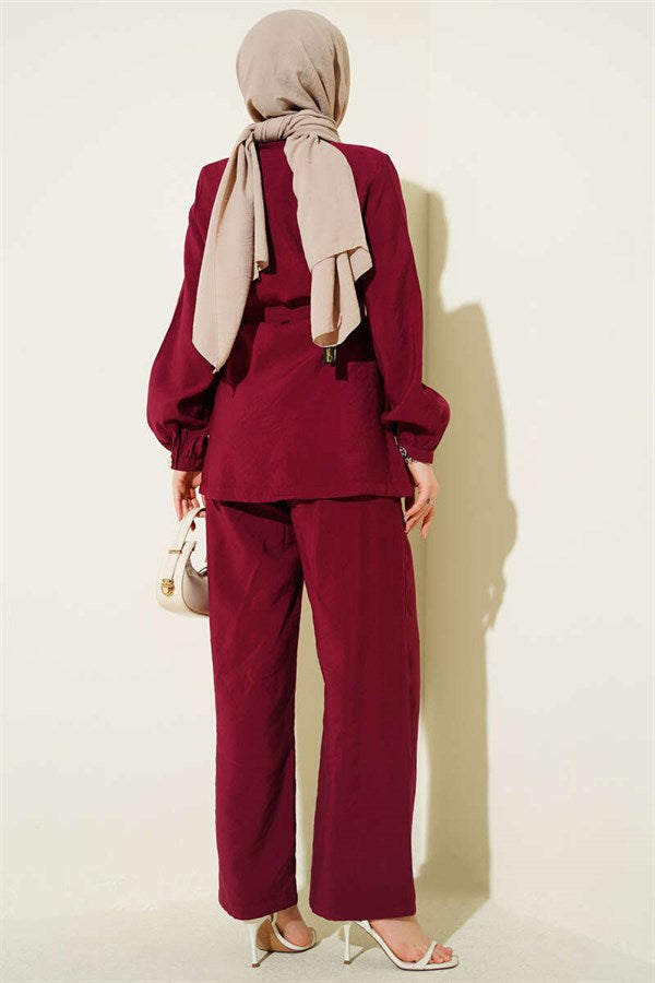 Cross-Buttoned Belted Modal 2 Piece Set in Burgundy