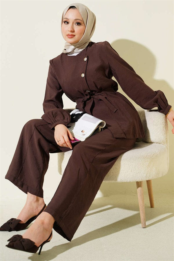 Cross-Buttoned Belted Modal 2 Piece Set in Coffee Brown