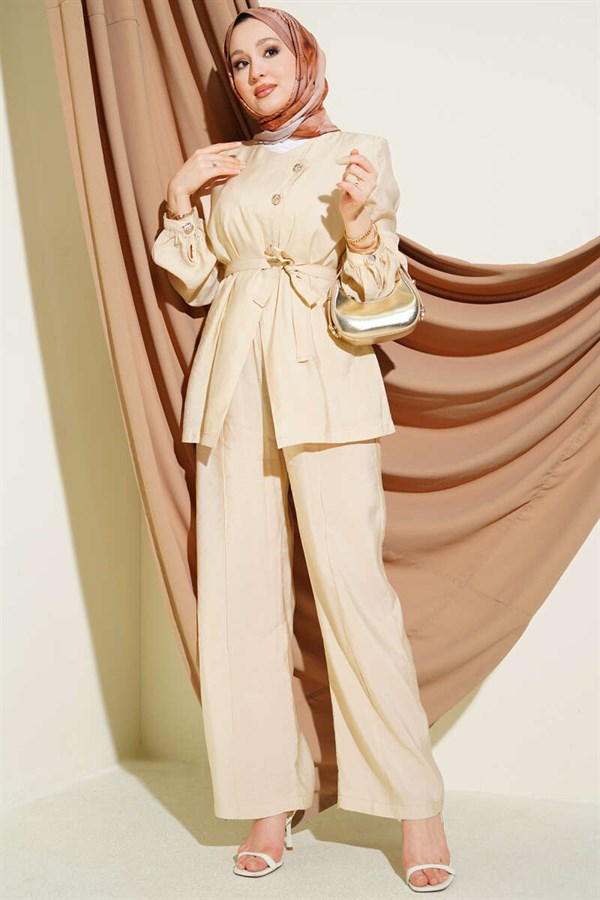 Cross-Buttoned Belted Modal 2 Piece Set, Beige