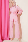 Cross-Buttoned Belted Modal 2 Piece Set, Pink