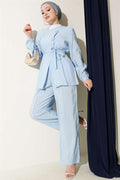 Cross-Buttoned Belted Modal 2 Piece Set, Baby Blue
