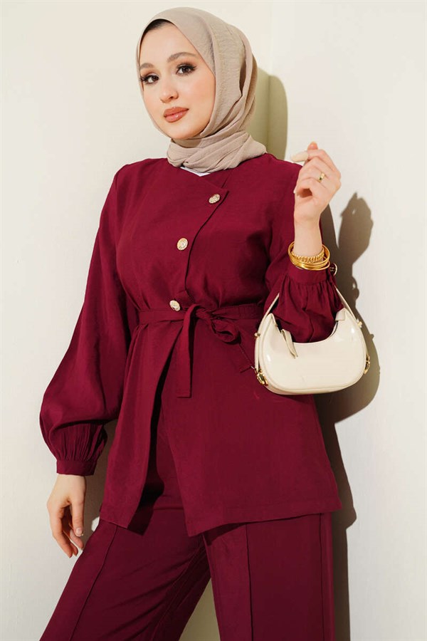 Cross-Buttoned Belted Modal 2 Piece Set in Burgundy
