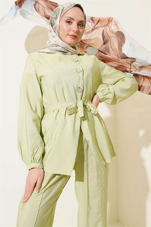 Cross-Buttoned Belted Modal 2 Piece Set in Light Green