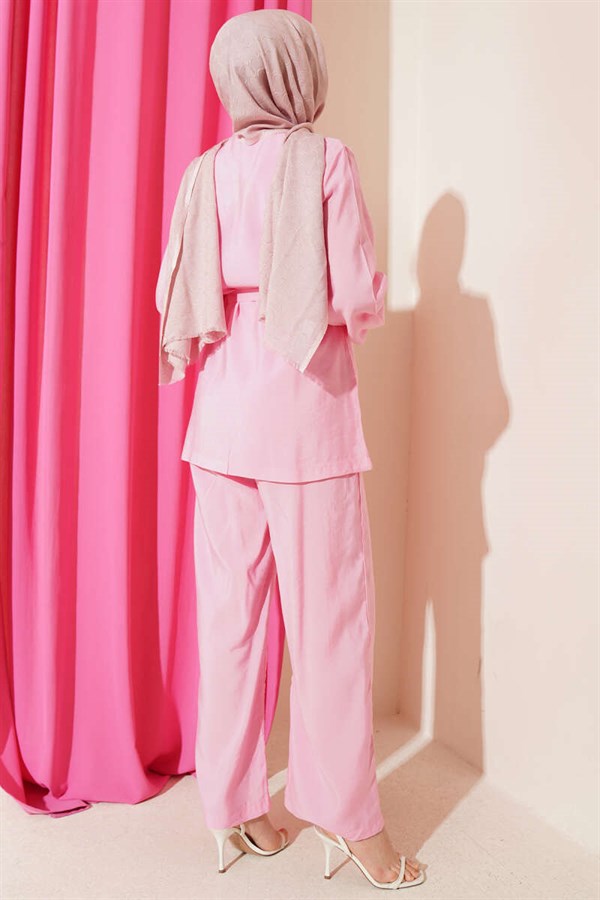Cross-Buttoned Belted Modal 2 Piece Set, Pink