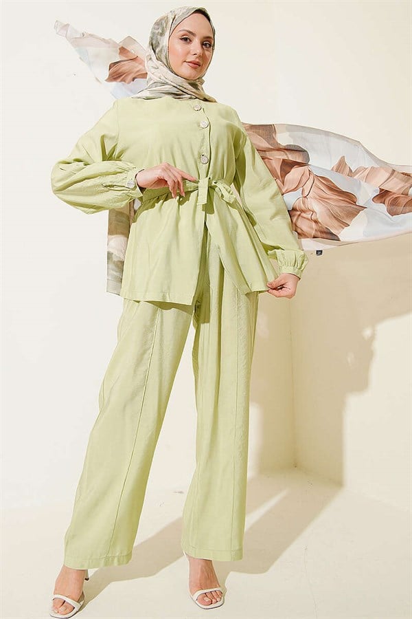 Cross-Buttoned Belted Modal 2 Piece Set in Light Green