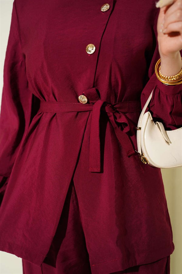 Cross-Buttoned Belted Modal 2 Piece Set in Burgundy