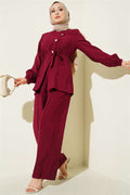 Cross-Buttoned Belted Modal 2 Piece Set in Burgundy