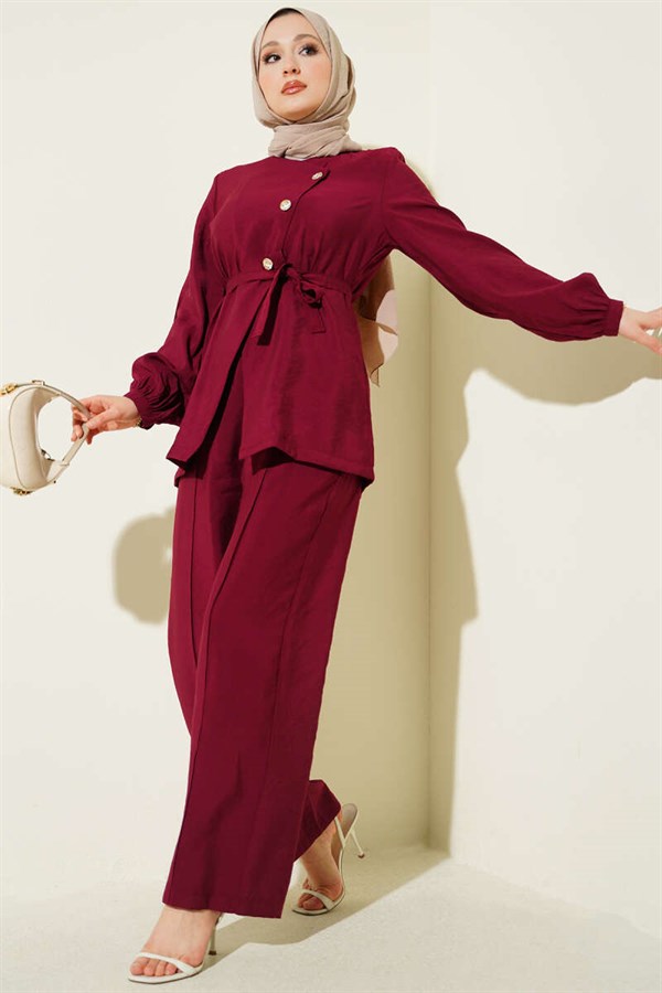 Cross-Buttoned Belted Modal 2 Piece Set in Burgundy