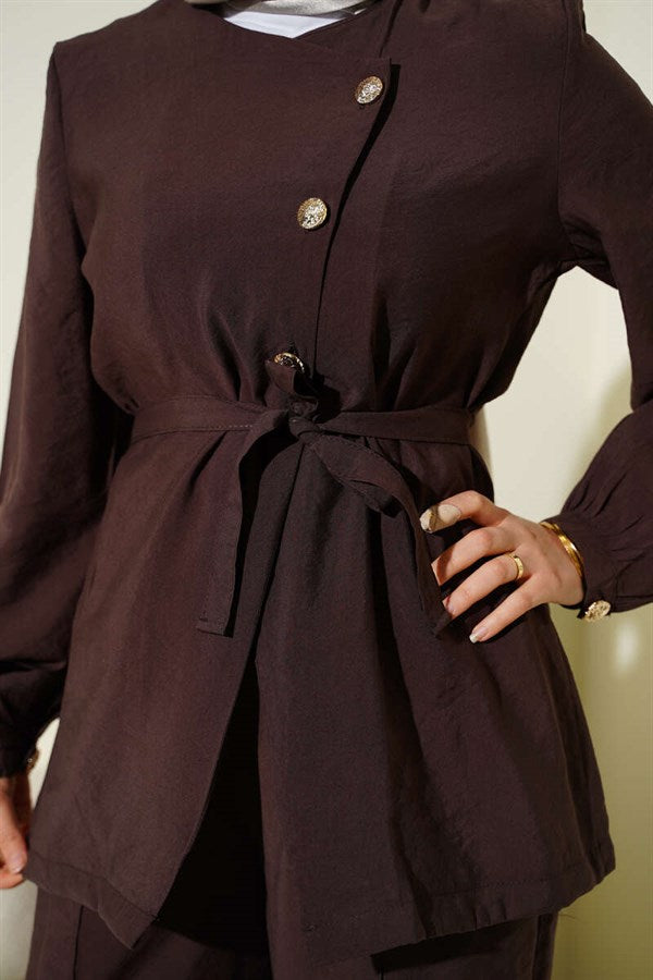 Cross-Buttoned Belted Modal 2 Piece Set in Coffee Brown
