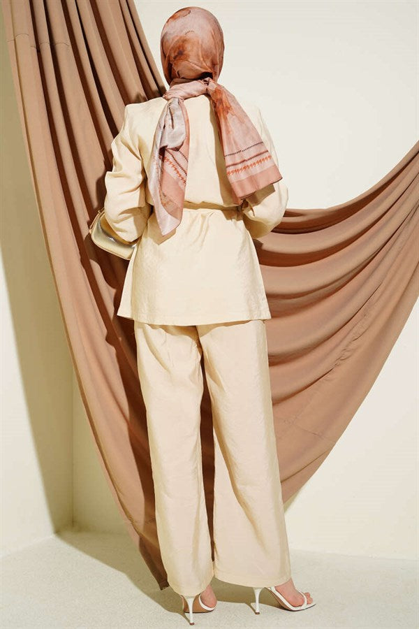 Cross-Buttoned Belted Modal 2 Piece Set, Beige