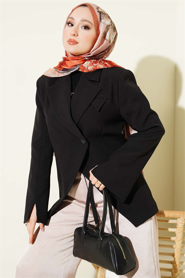 Cross-Buttoned Padded Blazer Jacket, Black